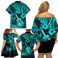 Hawaii Ukulele Family Matching Off Shoulder Short Dress and Hawaiian Shirt Polynesian Pattern Turquoise Version LT01 - Polynesian Pride