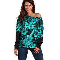 Hawaii Ukulele Off Shoulder Sweater Polynesian Pattern Turquoise Version LT01 Women Turquoise - Polynesian Pride
