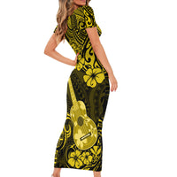 Hawaii Ukulele Family Matching Short Sleeve Bodycon Dress and Hawaiian Shirt Polynesian Pattern Yellow Version LT01 - Polynesian Pride