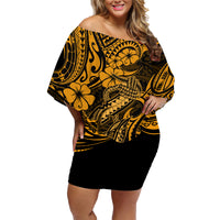 Hawaii Fish Hook Family Matching Off Shoulder Short Dress and Hawaiian Shirt Polynesian Pattern Gold Version LT01 Mom's Dress Gold - Polynesian Pride