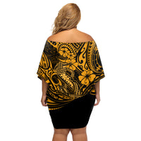Hawaii Fish Hook Family Matching Off Shoulder Short Dress and Hawaiian Shirt Polynesian Pattern Gold Version LT01 - Polynesian Pride