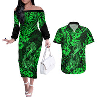 Hawaii Fish Hook Couples Matching Off The Shoulder Long Sleeve Dress and Hawaiian Shirt Polynesian Pattern Green Version LT01 Green - Polynesian Pride