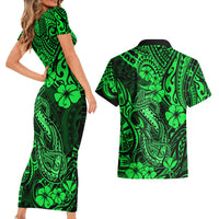 Hawaii Fish Hook Couples Matching Short Sleeve Bodycon Dress and Hawaiian Shirt Polynesian Pattern Green Version LT01 - Polynesian Pride