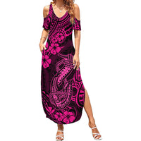 Hawaii Fish Hook Family Matching Summer Maxi Dress and Hawaiian Shirt Hibiscus Hawaii Tribal Tattoo Pink Version LT01 Mom's Dress Pink - Polynesian Pride