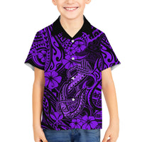 Hawaii Fish Hook Family Matching Off Shoulder Short Dress and Hawaiian Shirt Hibiscus Hawaii Tribal Tattoo Purple Version LT01 Son's Shirt Purple - Polynesian Pride