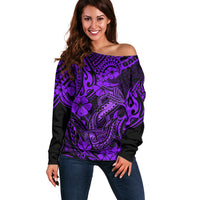 Hawaii Fish Hook Off Shoulder Sweater Hibiscus Hawaii Tribal Tattoo Purple Version LT01 Women Purple - Polynesian Pride