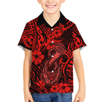 Hawaii Fish Hook Family Matching Off Shoulder Maxi Dress and Hawaiian Shirt Hibiscus Hawaii Tribal Tattoo Red Version LT01 Son's Shirt Red - Polynesian Pride