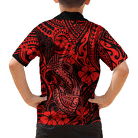 Hawaii Fish Hook Family Matching Off Shoulder Short Dress and Hawaiian Shirt Hibiscus Hawaii Tribal Tattoo Red Version LT01 - Polynesian Pride