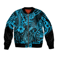 Hawaii Fish Hook Bomber Jacket Hibiscus Hawaii Tribal Tattoo Sky Blue Version LT01 Unisex Blue - Polynesian Pride