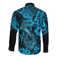 Hawaii Fish Hook Long Sleeve Button Shirt Hibiscus Hawaii Tribal Tattoo Sky Blue Version LT01 - Polynesian Pride
