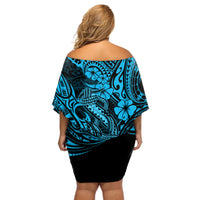 Hawaii Fish Hook Off Shoulder Short Dress Hibiscus Hawaii Tribal Tattoo Sky Blue Version LT01 - Polynesian Pride