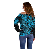 Hawaii Fish Hook Off Shoulder Sweater Hibiscus Hawaii Tribal Tattoo Sky Blue Version LT01 - Polynesian Pride