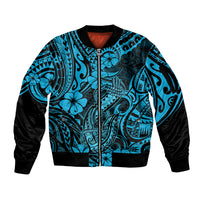 Hawaii Fish Hook Sleeve Zip Bomber Jacket Hibiscus Hawaii Tribal Tattoo Sky Blue Version LT01 Unisex Blue - Polynesian Pride