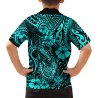 Hawaii Fish Hook Family Matching Off Shoulder Maxi Dress and Hawaiian Shirt Hibiscus Hawaii Tribal Tattoo Turquoise Version LT01 - Polynesian Pride