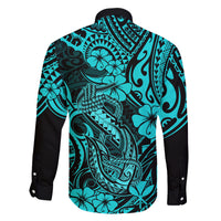 Hawaii Fish Hook Family Matching Off Shoulder Maxi Dress and Hawaiian Shirt Hibiscus Hawaii Tribal Tattoo Turquoise Version LT01 - Polynesian Pride