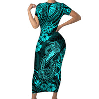 Hawaii Fish Hook Family Matching Short Sleeve Bodycon Dress and Hawaiian Shirt Hibiscus Hawaii Tribal Tattoo Turquoise Version LT01 Mom's Dress Turquoise - Polynesian Pride