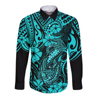 Hawaii Fish Hook Long Sleeve Button Shirt Hibiscus Hawaii Tribal Tattoo Turquoise Version LT01 Unisex Turquoise - Polynesian Pride