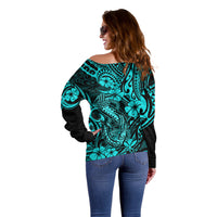 Hawaii Fish Hook Off Shoulder Sweater Hibiscus Hawaii Tribal Tattoo Turquoise Version LT01 - Polynesian Pride
