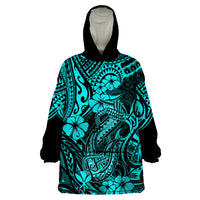 Hawaii Fish Hook Wearable Blanket Hoodie Hibiscus Hawaii Tribal Tattoo Turquoise Version LT01 One Size Turquoise - Polynesian Pride