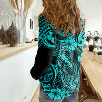 Hawaii Fish Hook Women Casual Shirt Hibiscus Hawaii Tribal Tattoo Turquoise Version LT01 - Polynesian Pride
