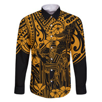 Hawaii King Kamehameha Family Matching Long Sleeve Bodycon Dress and Hawaiian Shirt Polynesian Pattern Gold Version LT01 Dad's Shirt - Long Sleeve Gold - Polynesian Pride