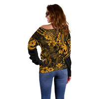 Hawaii King Kamehameha Off Shoulder Sweater Polynesian Pattern Gold Version LT01 - Polynesian Pride