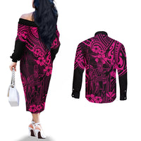 Hawaii King Kamehameha Couples Matching Off The Shoulder Long Sleeve Dress and Long Sleeve Button Shirts Polynesian Pattern Pink Version LT01 - Polynesian Pride