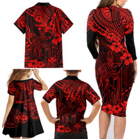 Hawaii King Kamehameha Family Matching Long Sleeve Bodycon Dress and Hawaiian Shirt Polynesian Pattern Red Version LT01 - Polynesian Pride