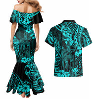 Hawaii King Kamehameha Couples Matching Mermaid Dress and Hawaiian Shirt Polynesian Pattern Turquoise Version LT01 - Polynesian Pride