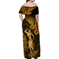 Hawaii Hula Girl Family Matching Off Shoulder Maxi Dress and Hawaiian Shirt Polynesian Pattern Gold Version LT01 - Polynesian Pride