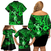 Hawaii Hula Girl Family Matching Off Shoulder Short Dress and Hawaiian Shirt Polynesian Pattern Green Version LT01 - Polynesian Pride