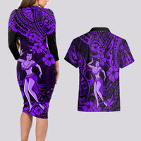 Hawaii Hula Girl Couples Matching Long Sleeve Bodycon Dress and Hawaiian Shirt Hibiscus Hawaii Tribal Tattoo Purple Version LT01 - Polynesian Pride