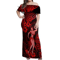 Hawaii Hula Girl Off Shoulder Maxi Dress Hibiscus Hawaii Tribal Tattoo Red Version LT01 Women Red - Polynesian Pride