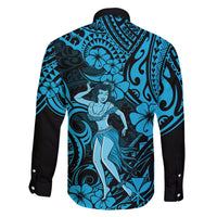 Hawaii Hula Girl Family Matching Long Sleeve Bodycon Dress and Hawaiian Shirt Hibiscus Hawaii Tribal Tattoo Sky Blue Version LT01 - Polynesian Pride