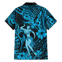 Hawaii Hula Girl Family Matching Off Shoulder Long Sleeve Dress and Hawaiian Shirt Hibiscus Hawaii Tribal Tattoo Sky Blue Version LT01 - Polynesian Pride