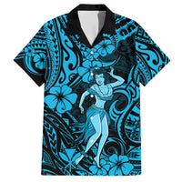 Hawaii Hula Girl Family Matching Off Shoulder Short Dress and Hawaiian Shirt Hibiscus Hawaii Tribal Tattoo Sky Blue Version LT01 Dad's Shirt - Short Sleeve Blue - Polynesian Pride