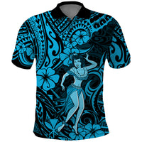 Hawaii Hula Girl Polo Shirt Hibiscus Hawaii Tribal Tattoo Sky Blue Version LT01 Blue - Polynesian Pride
