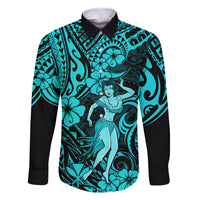 Hawaii Hula Girl Family Matching Mermaid Dress and Hawaiian Shirt Hibiscus Hawaii Tribal Tattoo Turquoise Version LT01 Dad's Shirt - Long Sleeve Turquoise - Polynesian Pride