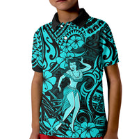 Hawaii Hula Girl Kid Polo Shirt Hibiscus Hawaii Tribal Tattoo Turquoise Version LT01 Kid Turquoise - Polynesian Pride