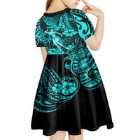 Hawaii Hula Girl Kid Short Sleeve Dress Hibiscus Hawaii Tribal Tattoo Turquoise Version LT01 - Polynesian Pride