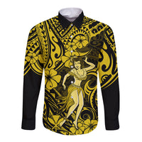 Hawaii Hula Girl Long Sleeve Button Shirt Hibiscus Hawaii Tribal Tattoo Yellow Version LT01 Unisex Yellow - Polynesian Pride