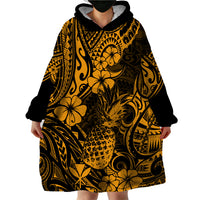 Hawaii Pineapple Wearable Blanket Hoodie Paradise Flowers Pacific With Gold Polynesian Tribal LT01 - Polynesian Pride