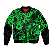 Hawaii Pineapple Sleeve Zip Bomber Jacket Paradise Flowers Pacific With Green Polynesian Tribal LT01 Unisex Green - Polynesian Pride