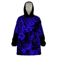Hawaii Pineapple Wearable Blanket Hoodie Paradise Flowers Pacific With Navy Blue Polynesian Tribal LT01 One Size Blue - Polynesian Pride