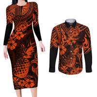 Hawaii Pineapple Couples Matching Long Sleeve Bodycon Dress and Long Sleeve Button Shirts Paradise Flowers Pacific With Orange Polynesian Tribal LT01 Orange - Polynesian Pride