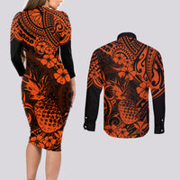 Hawaii Pineapple Couples Matching Long Sleeve Bodycon Dress and Long Sleeve Button Shirts Paradise Flowers Pacific With Orange Polynesian Tribal LT01 - Polynesian Pride