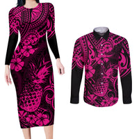 Hawaii Pineapple Couples Matching Long Sleeve Bodycon Dress and Long Sleeve Button Shirts Paradise Flowers Pacific With Pink Polynesian Tribal LT01 Pink - Polynesian Pride