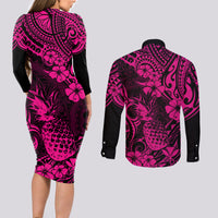 Hawaii Pineapple Couples Matching Long Sleeve Bodycon Dress and Long Sleeve Button Shirts Paradise Flowers Pacific With Pink Polynesian Tribal LT01 - Polynesian Pride