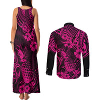 Hawaii Pineapple Couples Matching Tank Maxi Dress and Long Sleeve Button Shirts Paradise Flowers Pacific With Pink Polynesian Tribal LT01 - Polynesian Pride