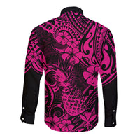 Hawaii Pineapple Long Sleeve Button Shirt Paradise Flowers Pacific With Pink Polynesian Tribal LT01 - Polynesian Pride